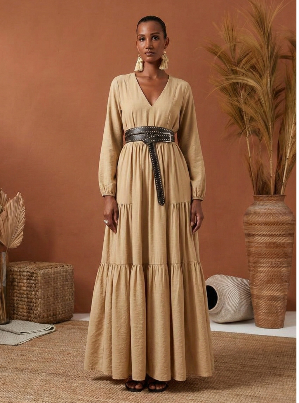 Beige Cotton V Neck Maxi Dress - Store WF