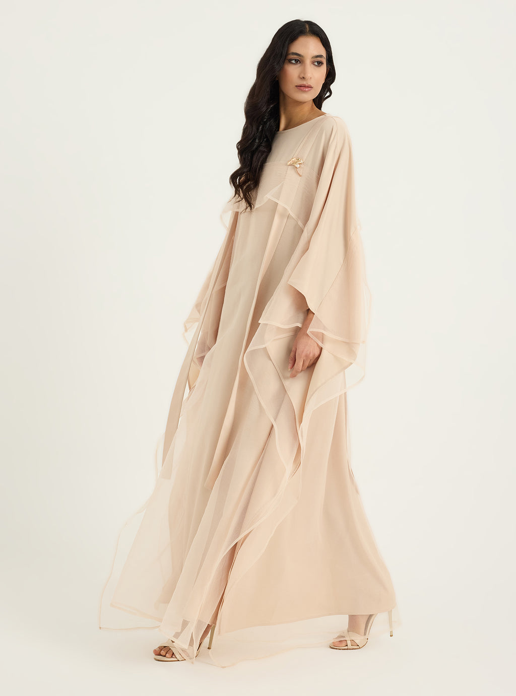 Beige Organza Double Layer Kaftan Dress - Store WF