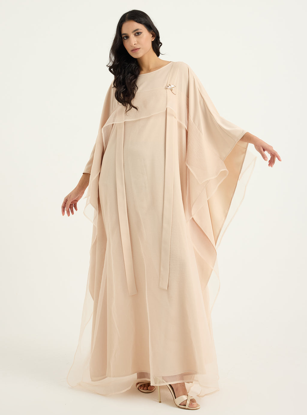 Beige Organza Double Layer Kaftan Dress - Store WF