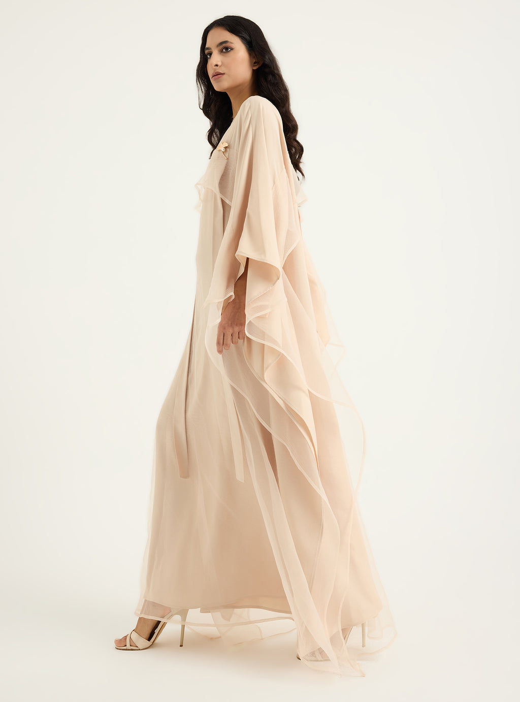 Beige Organza Double Layer Kaftan Dress - Store WF