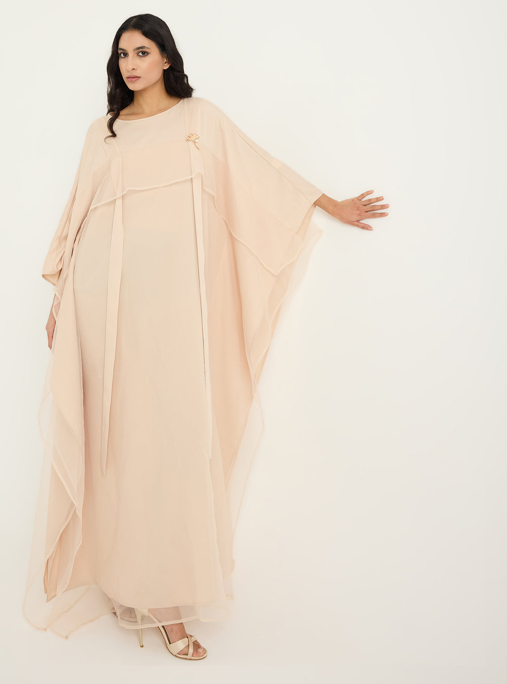 Beige Organza Double Layer Kaftan Dress - Store WF