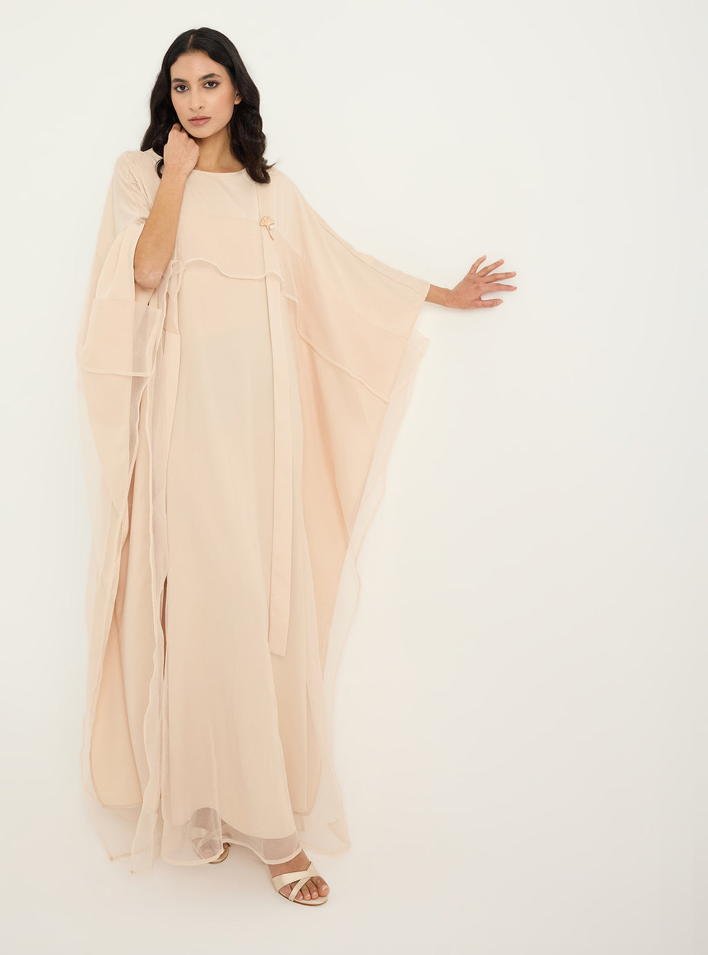 Beige Organza Double Layer Kaftan Dress - Store WF