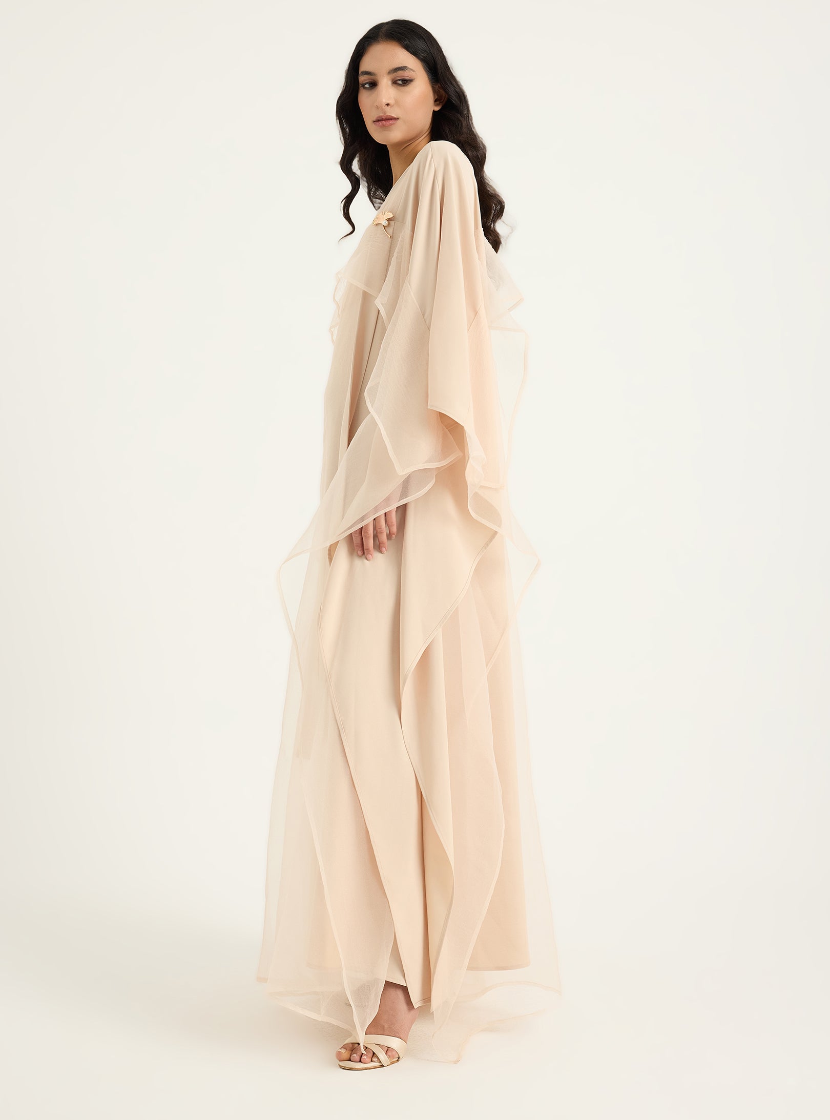 Beige Organza Double Layer Kaftan Dress - Store WF