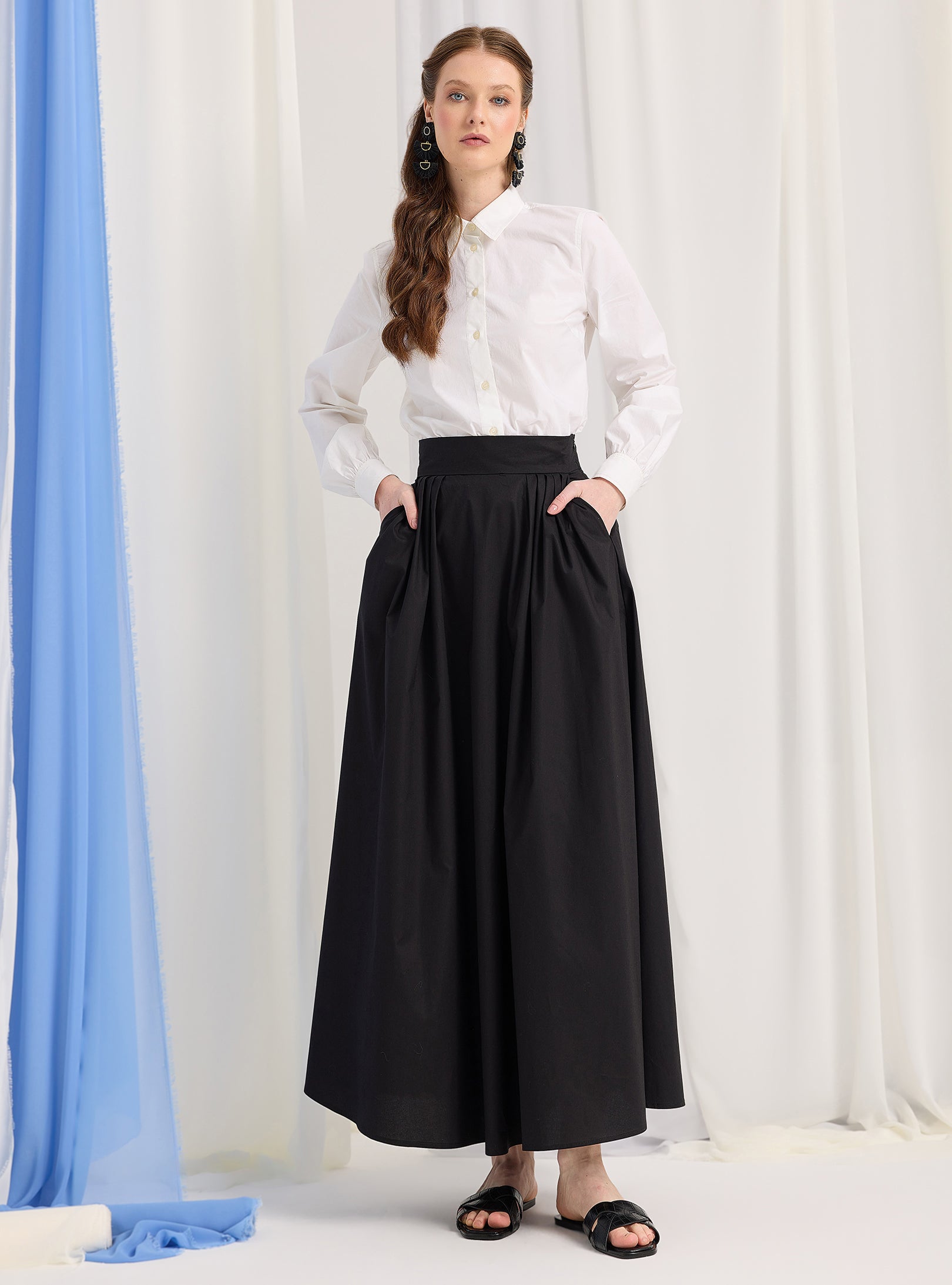 Black Cotton-Poplin Plited Maxi Skirt - Store WF