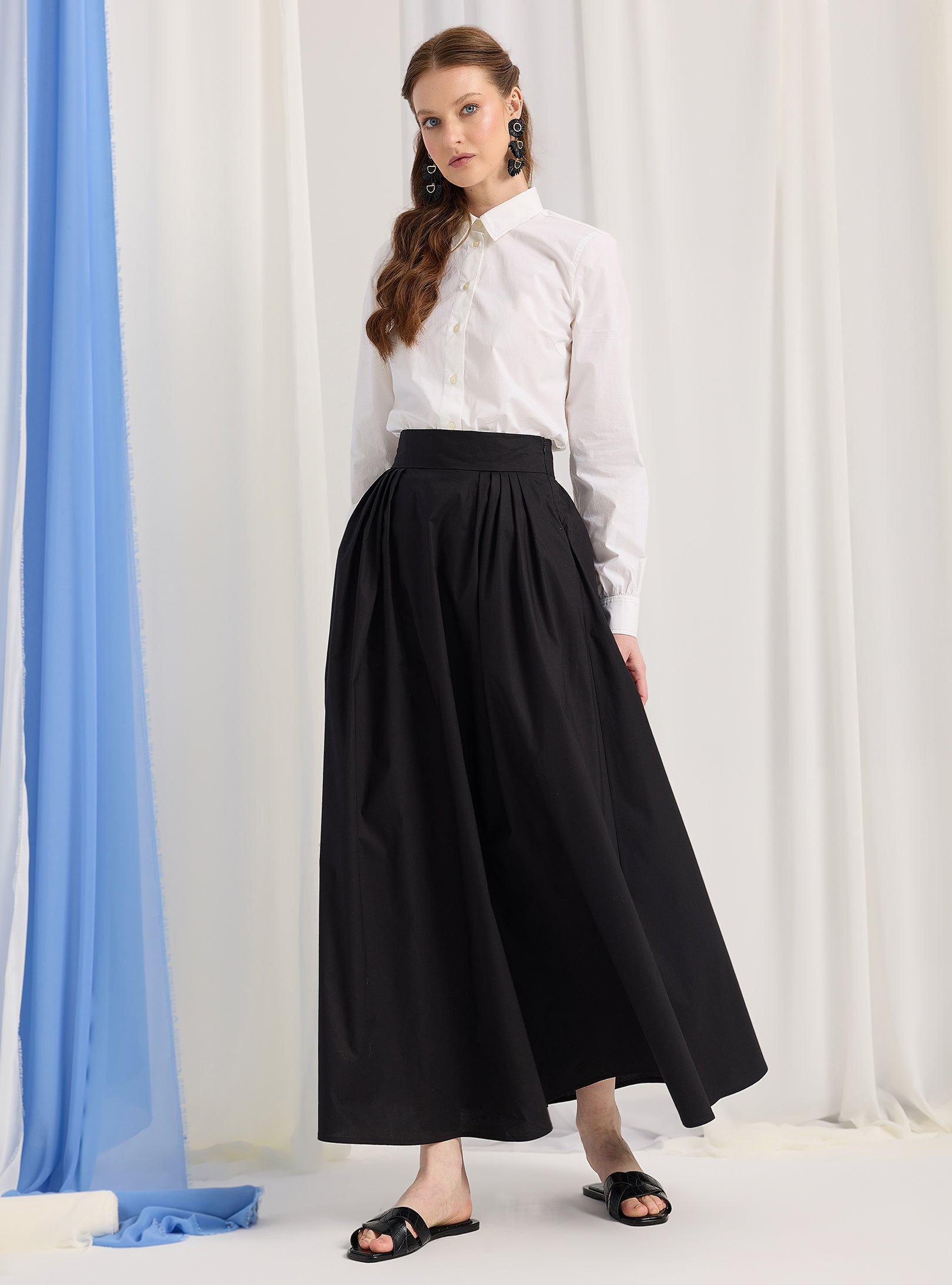 Black Cotton-Poplin Plited Maxi Skirt - Store WF