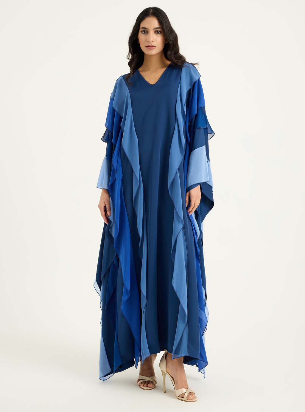 Navy Blue Multi Colour Ruffled V Neck Kaftan Dress - Store WF