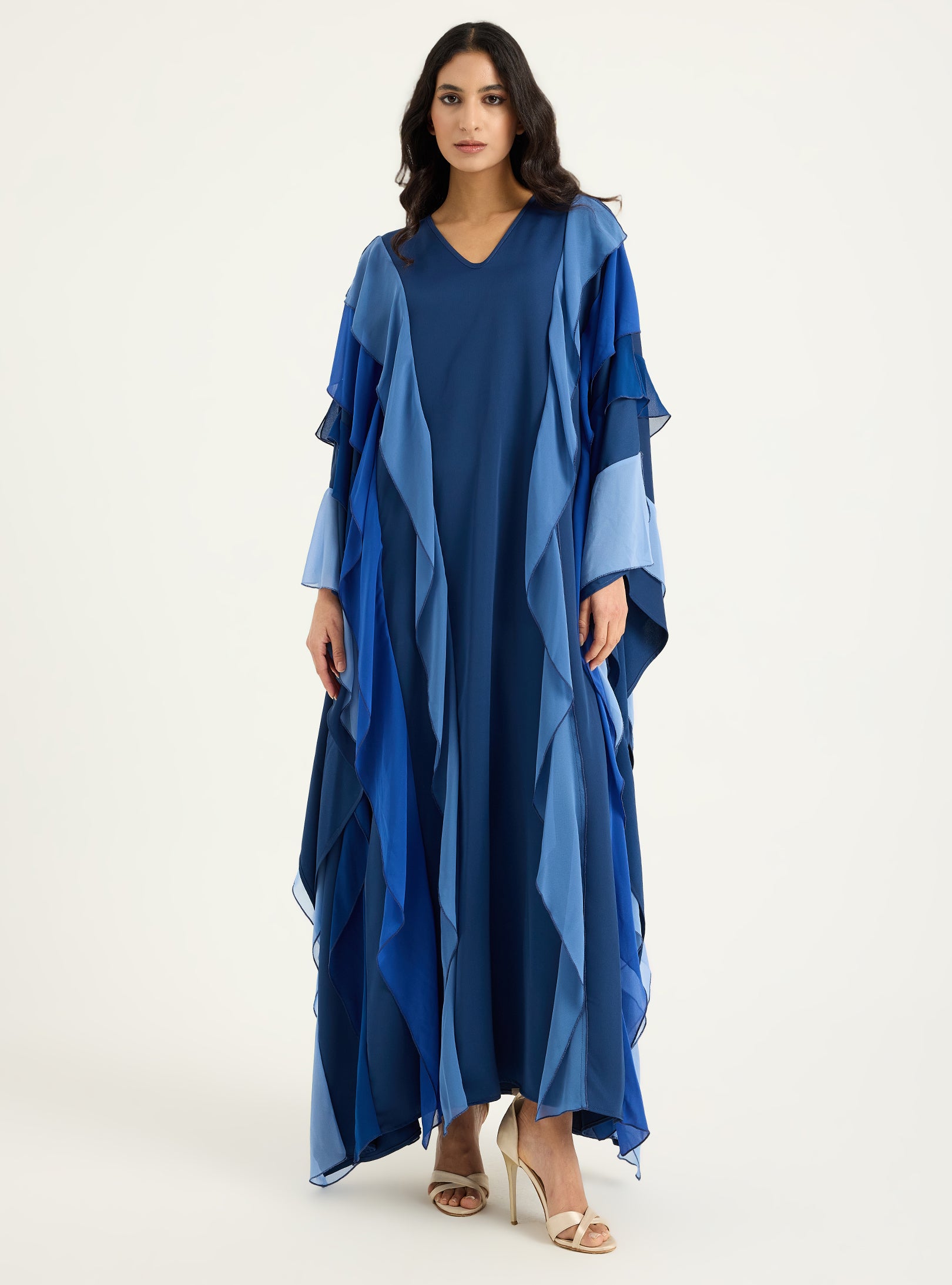Navy Blue Multi Colour Ruffled V Neck Kaftan Dress - Store WF