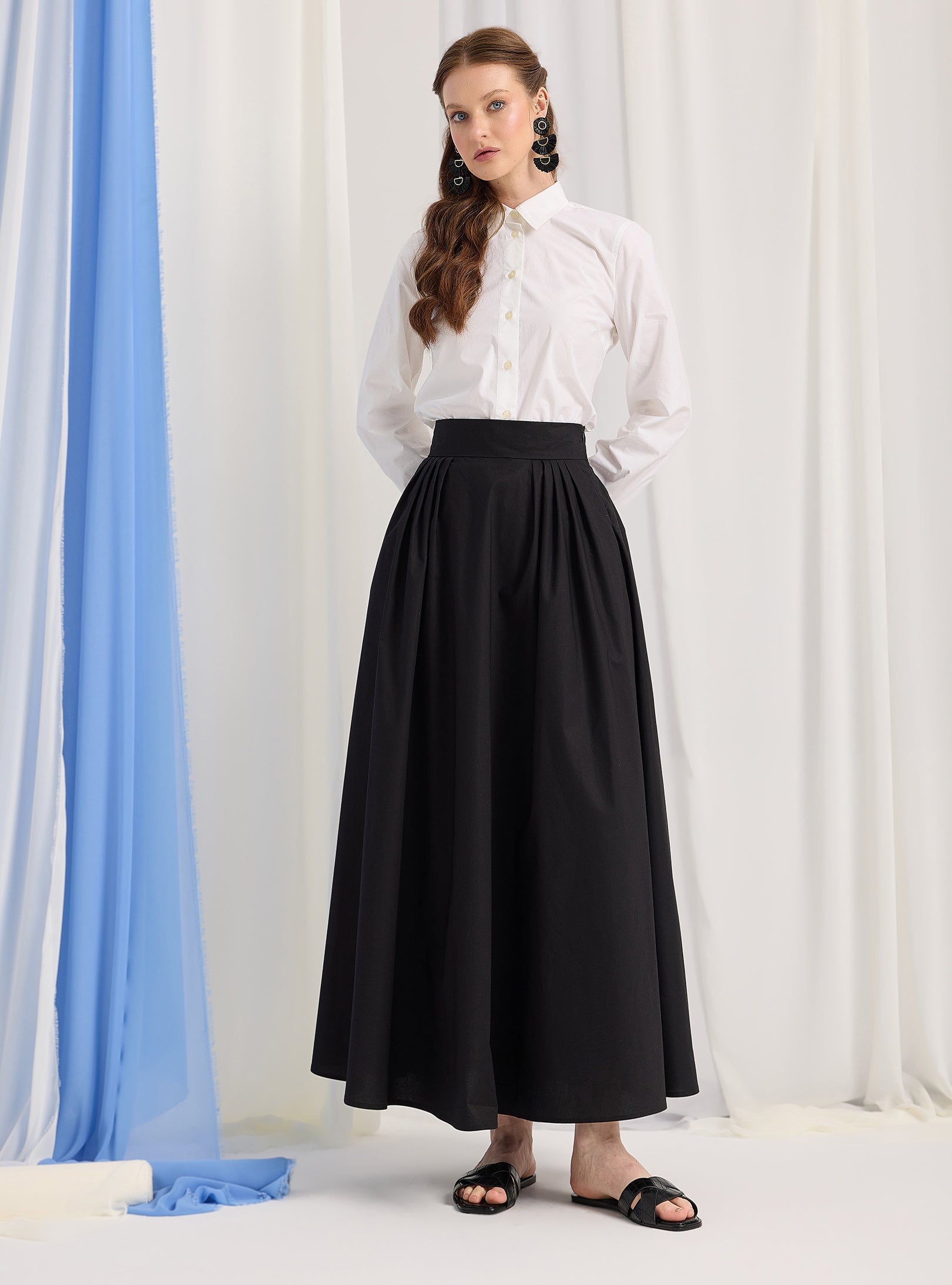 Black Cotton-Poplin Plited Maxi Skirt - Store WF
