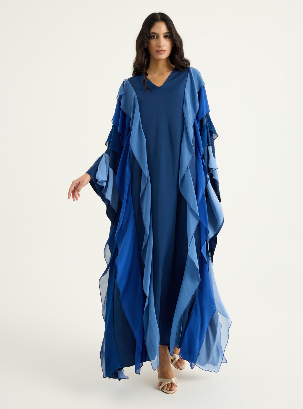 Navy Blue Multi Colour Ruffled V Neck Kaftan Dress - Store WF