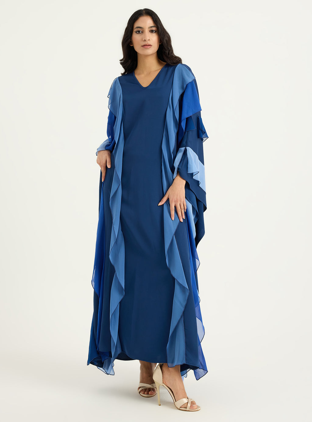 Navy Blue Multi Colour Ruffled V Neck Kaftan Dress - Store WF