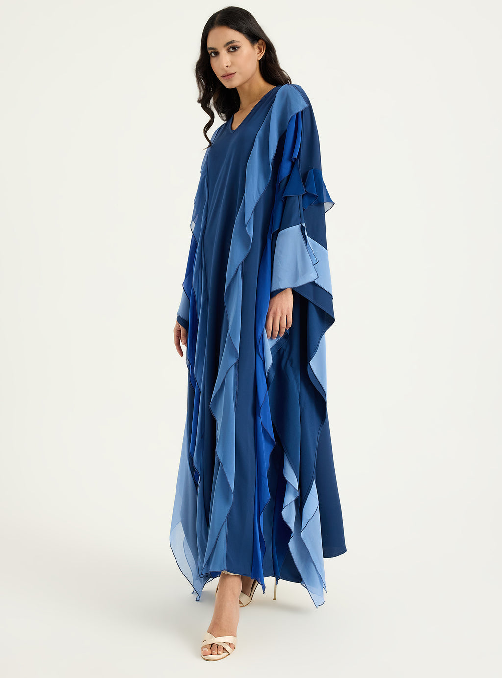 Navy Blue Multi Colour Ruffled V Neck Kaftan Dress - Store WF