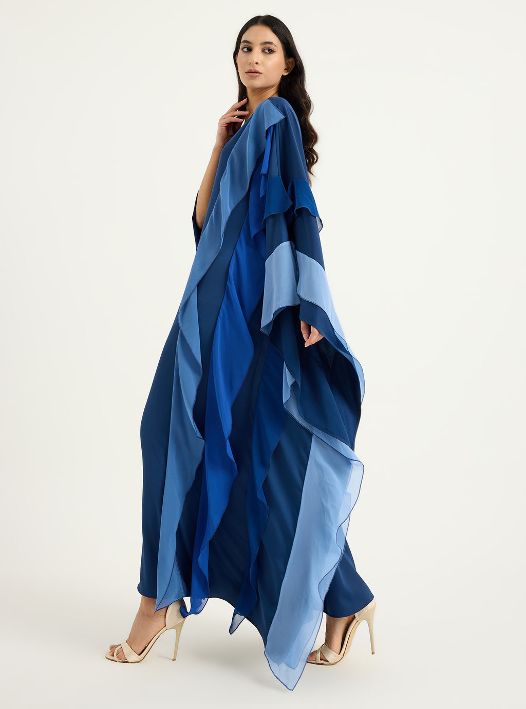 Navy Blue Multi Colour Ruffled V Neck Kaftan Dress - Store WF