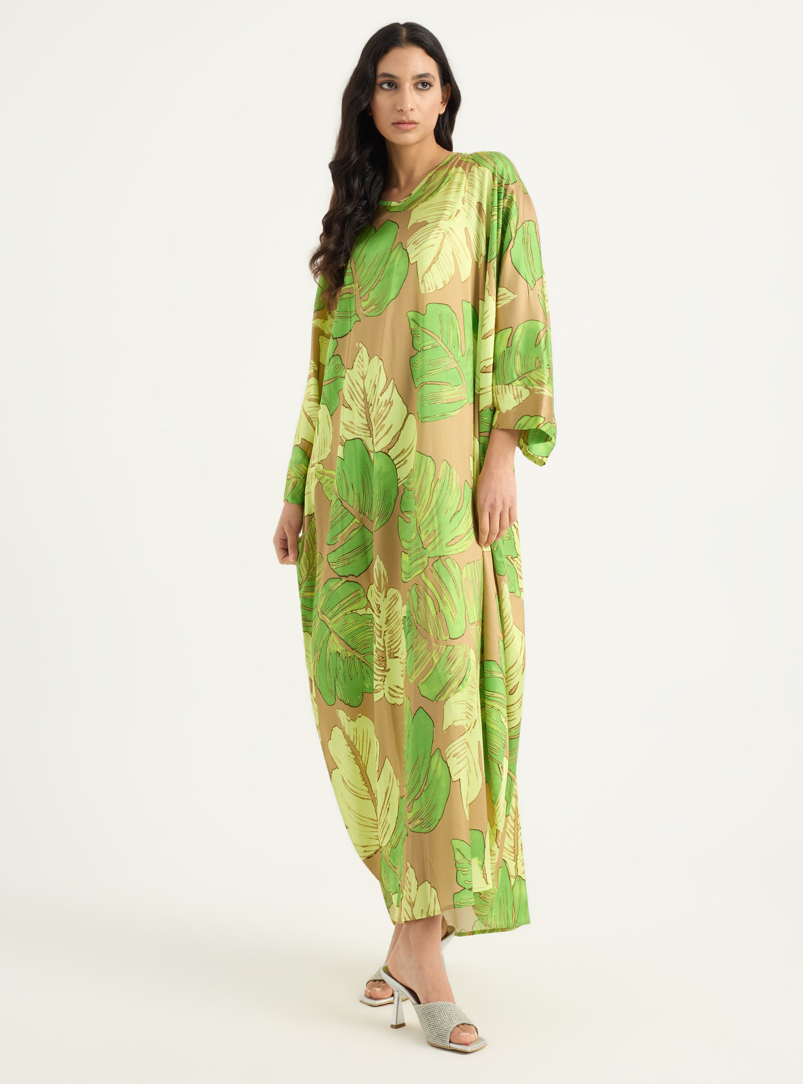 Green Leaf Print Viscose Kaftan - Store WF
