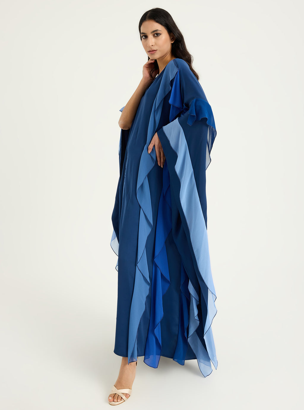 Navy Blue Multi Colour Ruffled V Neck Kaftan Dress - Store WF