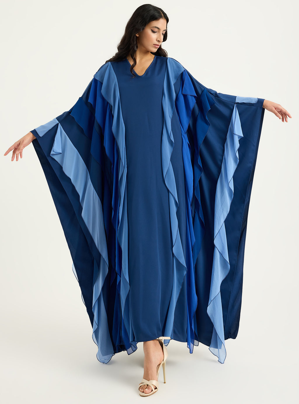 Navy Blue Multi Colour Ruffled V Neck Kaftan Dress - Store WF