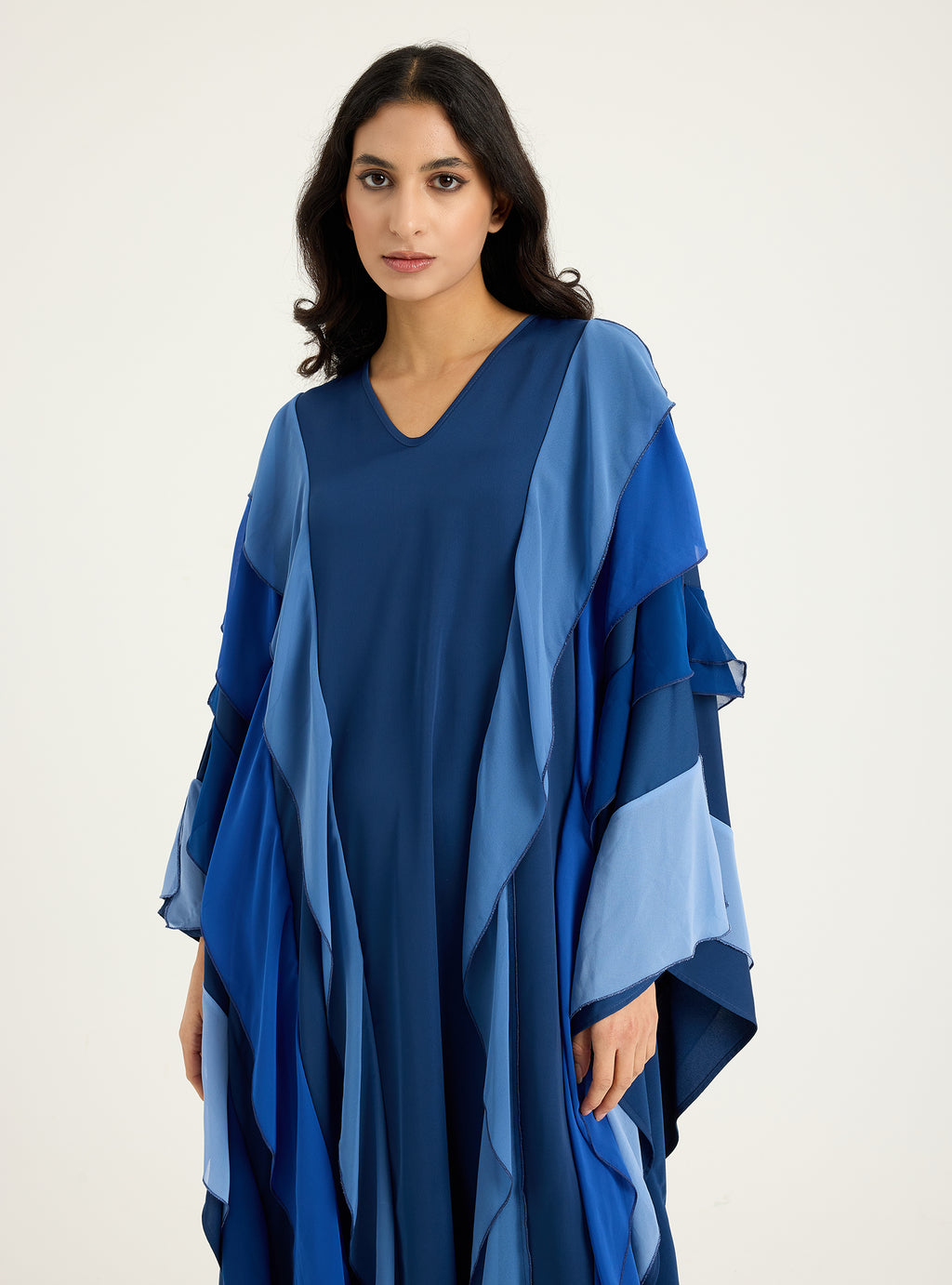 Navy Blue Multi Colour Ruffled V Neck Kaftan Dress - Store WF