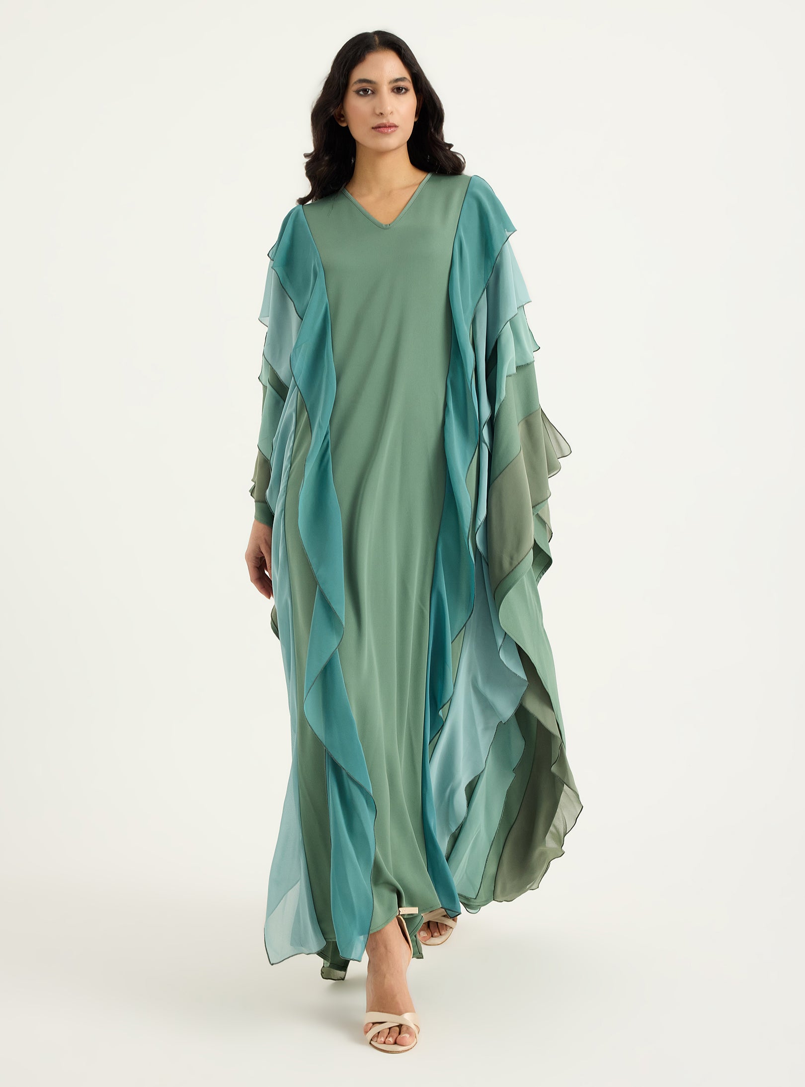 Mint Multi Colour Ruffled V Neck Kaftan Dress - Store WF