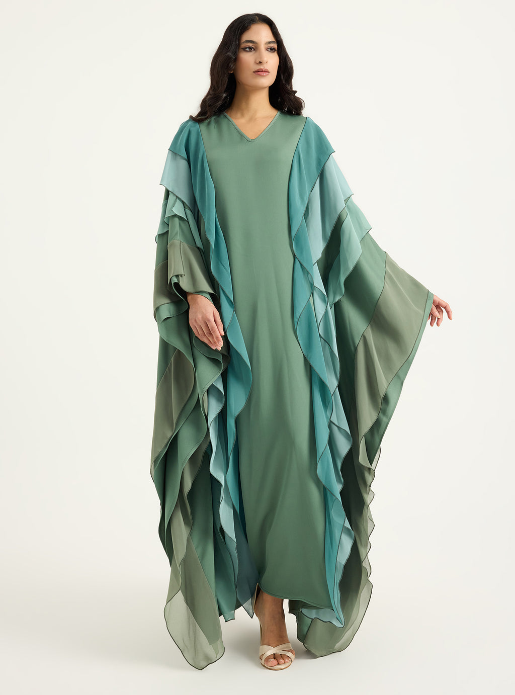 Mint Multi Colour Ruffled V Neck Kaftan Dress - Store WF