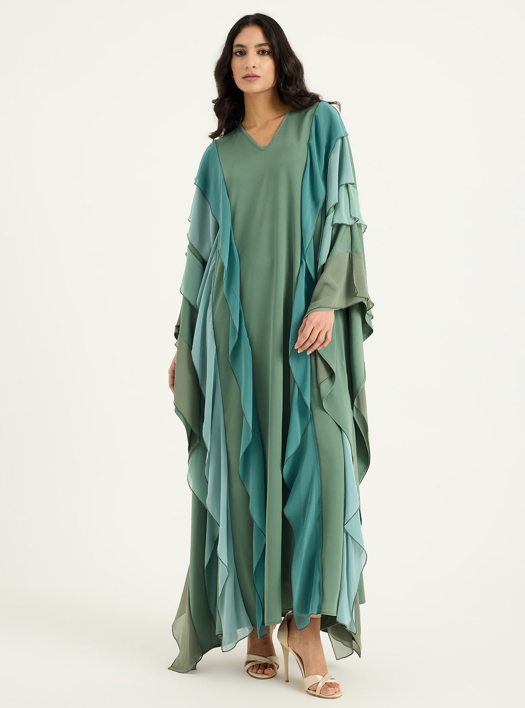 Mint Multi Colour Ruffled V Neck Kaftan Dress - Store WF