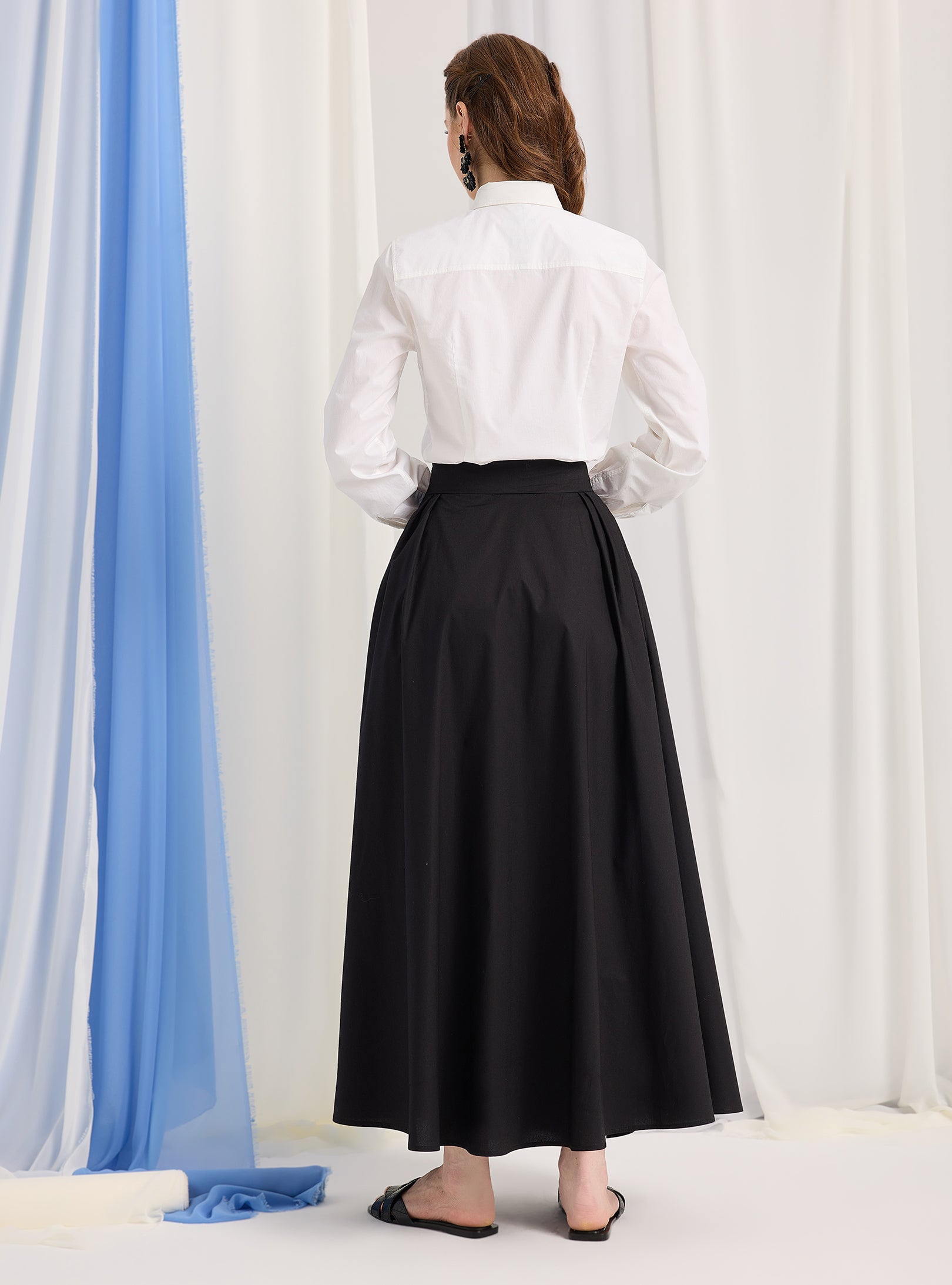 Black Cotton-Poplin Plited Maxi Skirt - Store WF