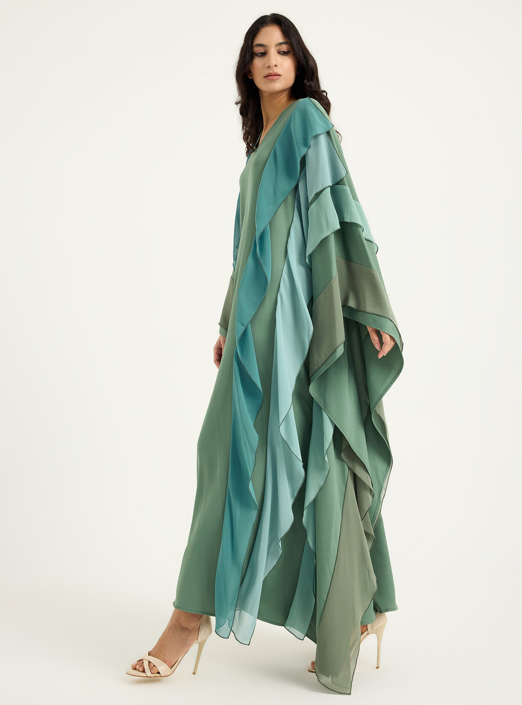 Mint Multi Colour Ruffled V Neck Kaftan Dress - Store WF