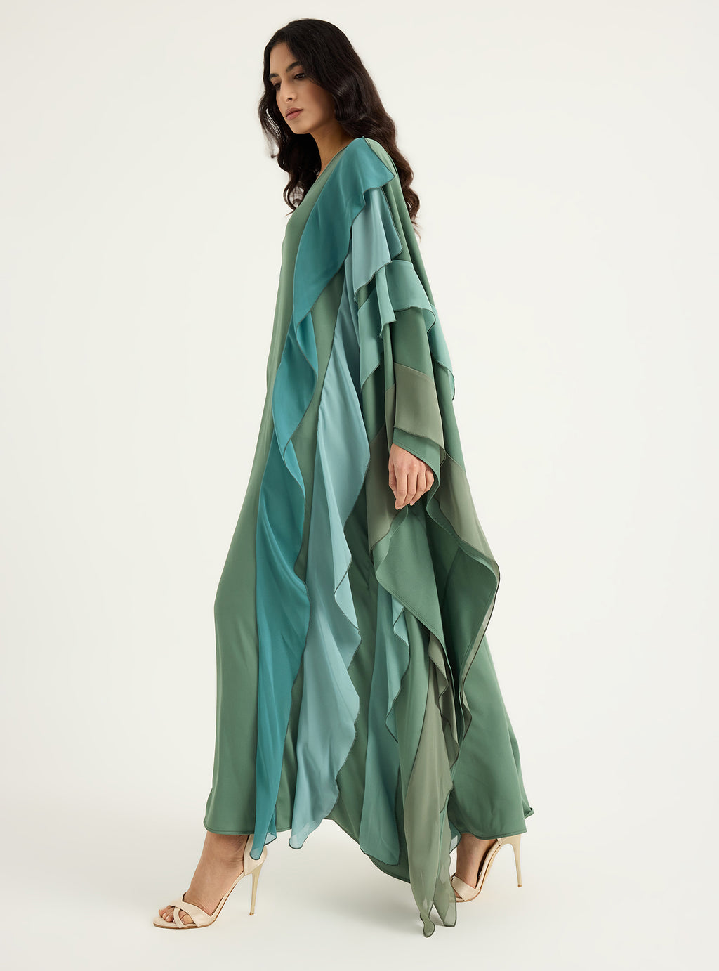 Mint Multi Colour Ruffled V Neck Kaftan Dress - Store WF