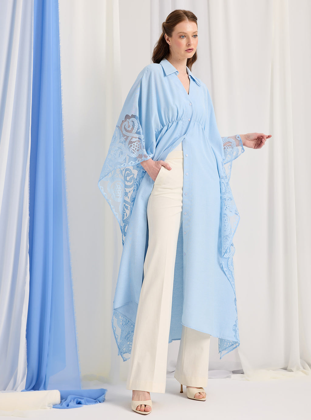 Baby Blue Lace Shirt Kaftan Dress - Store WF