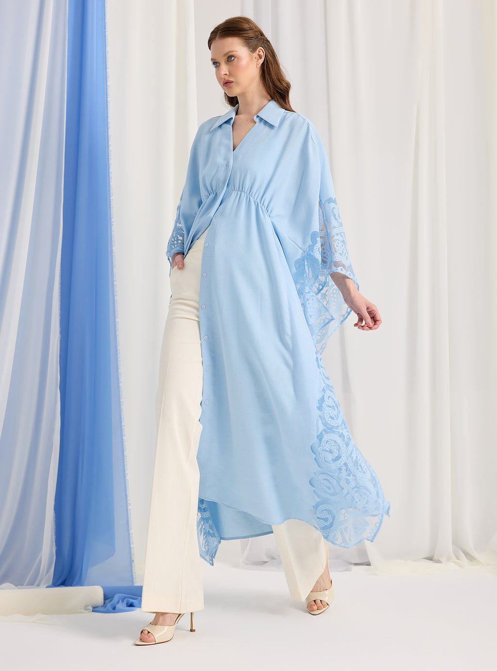 Baby Blue Lace Shirt Kaftan Dress - Store WF