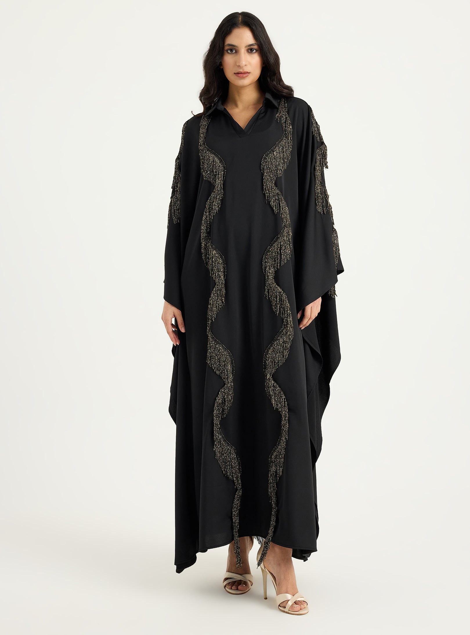 Gold Fringe Shirt Kaftan Dress Black - Store WF