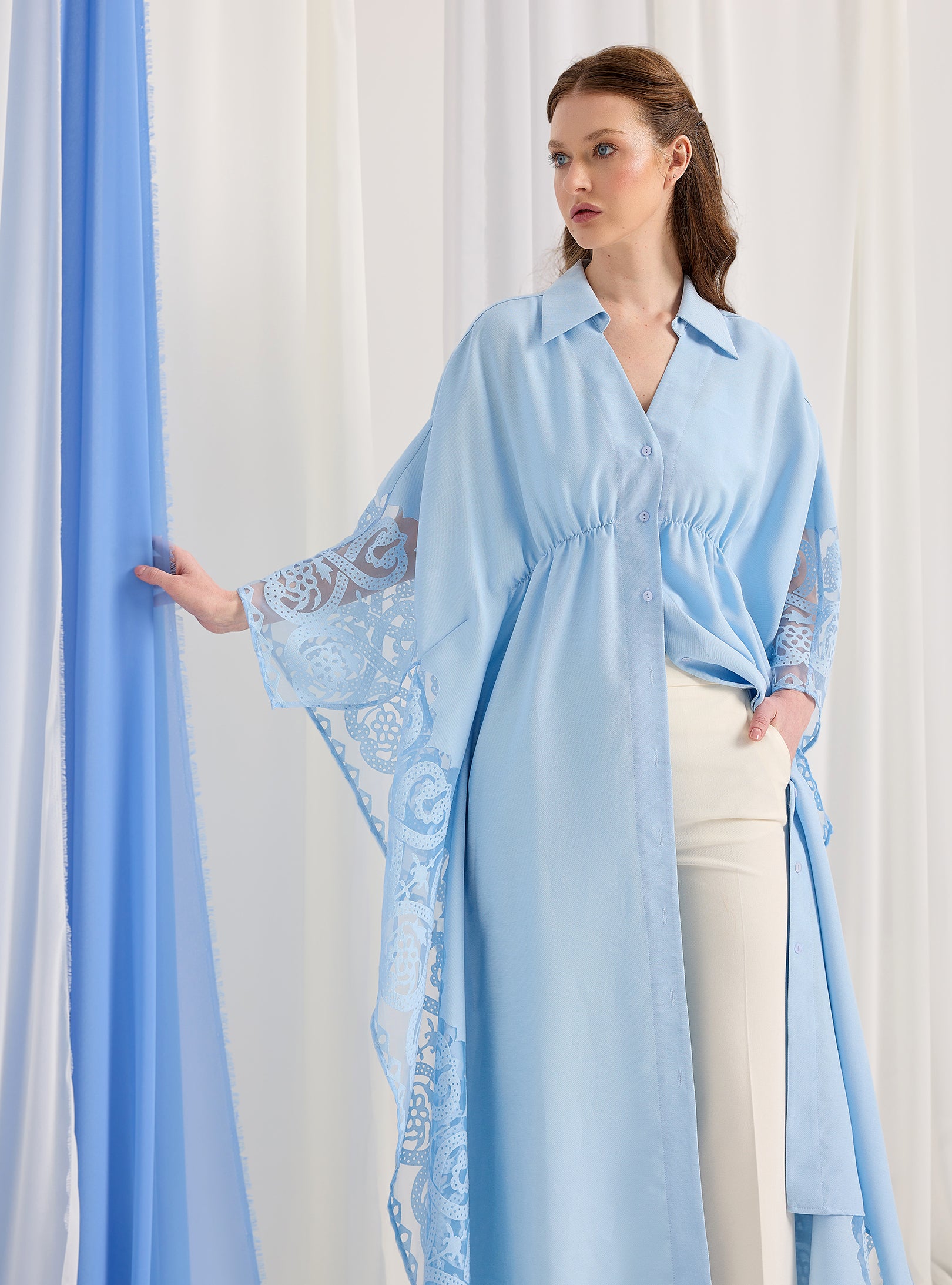 Baby Blue Lace Shirt Kaftan Dress - Store WF