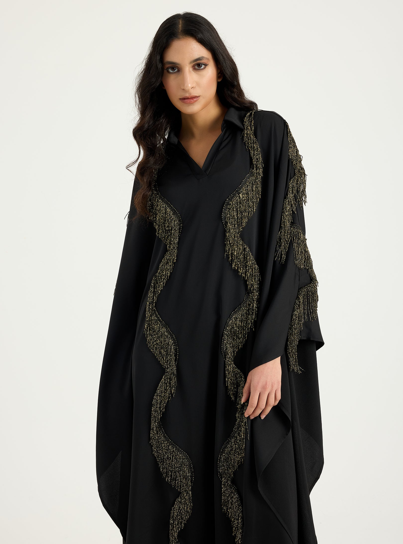 Gold Fringe Shirt Kaftan Dress Black - Store WF