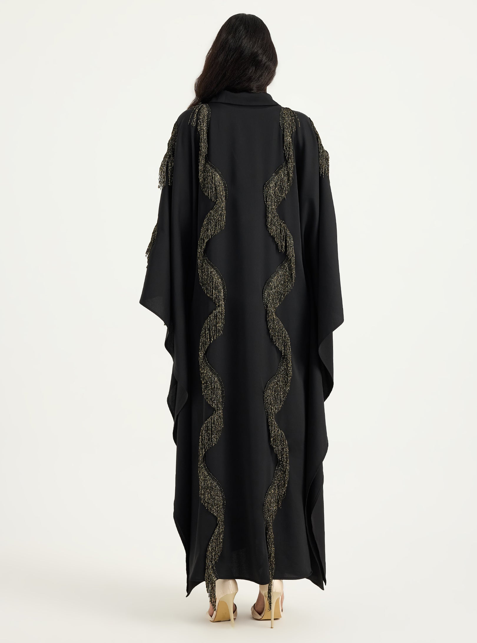 Gold Fringe Shirt Kaftan Dress Black - Store WF