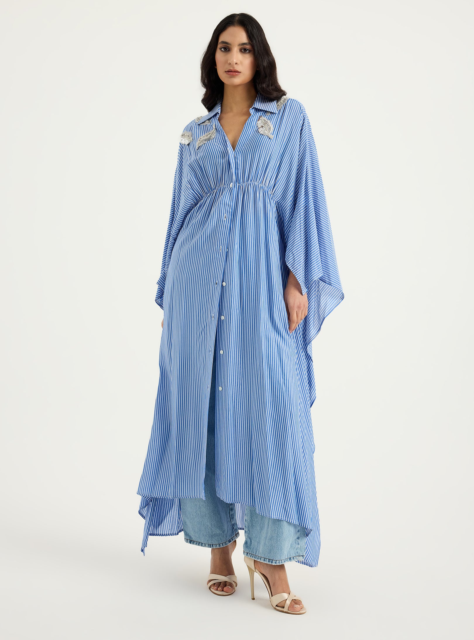 Striped Silver Embellishment Kaftan Dress - Store WF