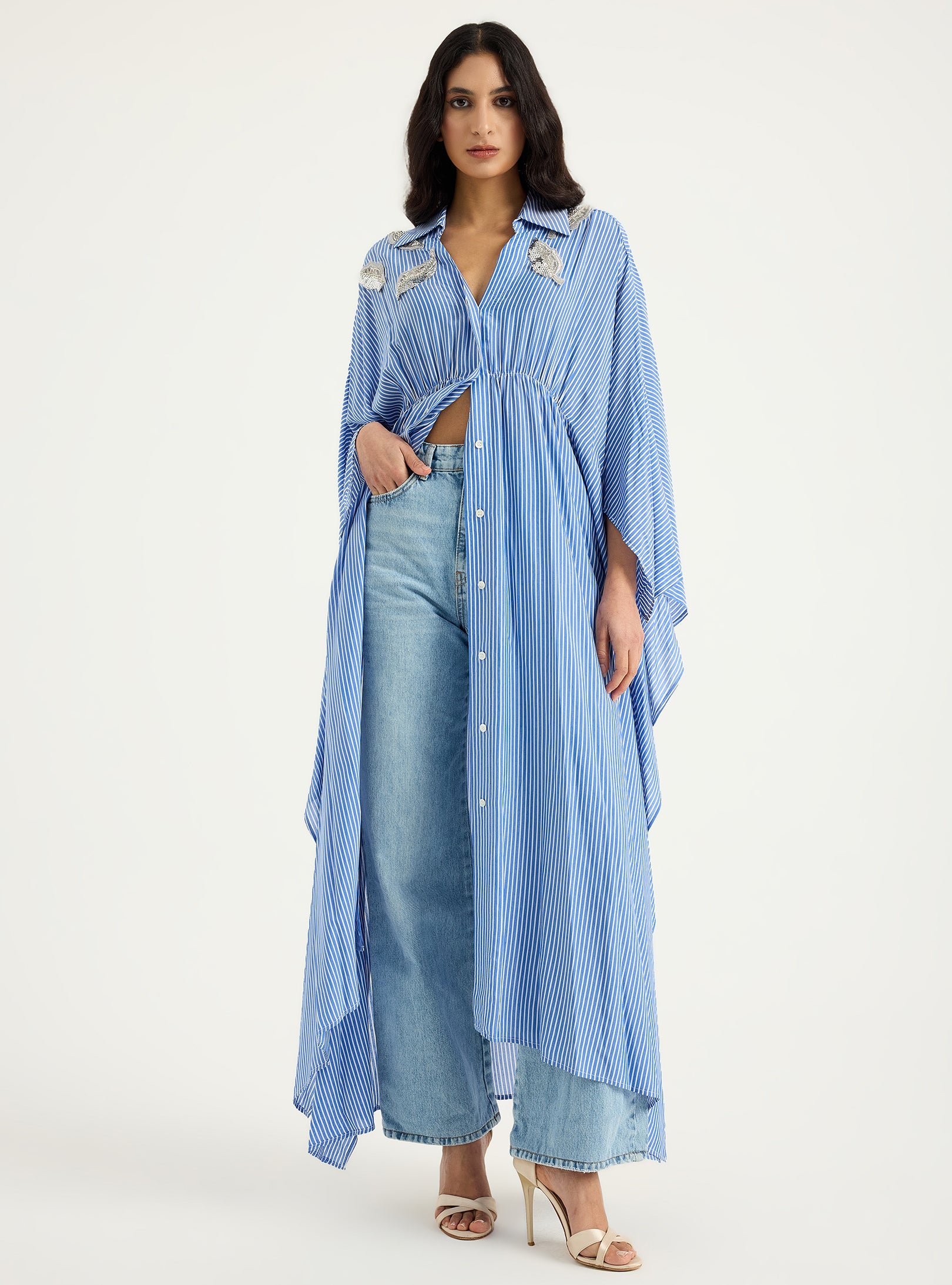 Striped Silver Embellishment Kaftan Dress - Store WF