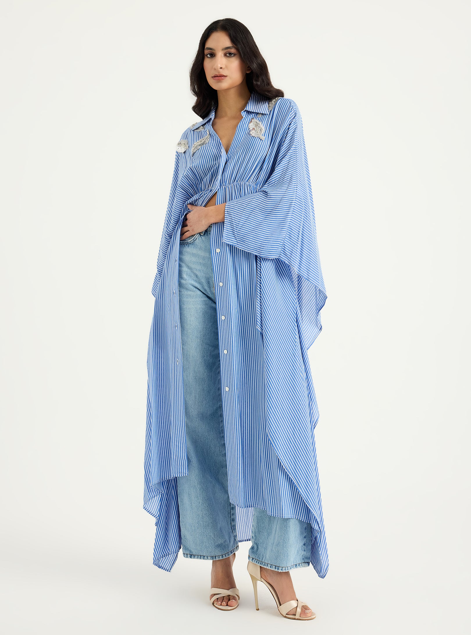 Striped Silver Embellishment Kaftan Dress - Store WF