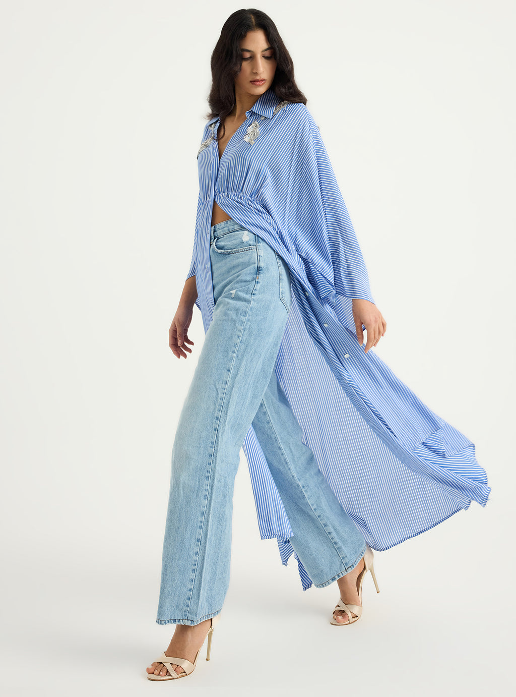 Striped Silver Embellishment Kaftan Dress - Store WF