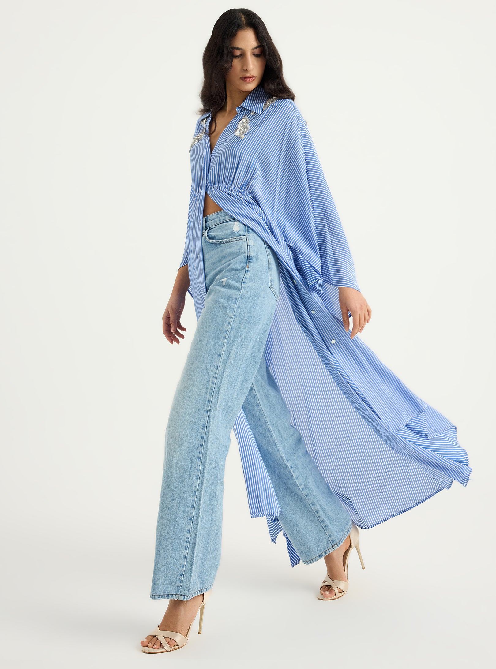 Striped Silver Embellishment Kaftan Dress - Store WF