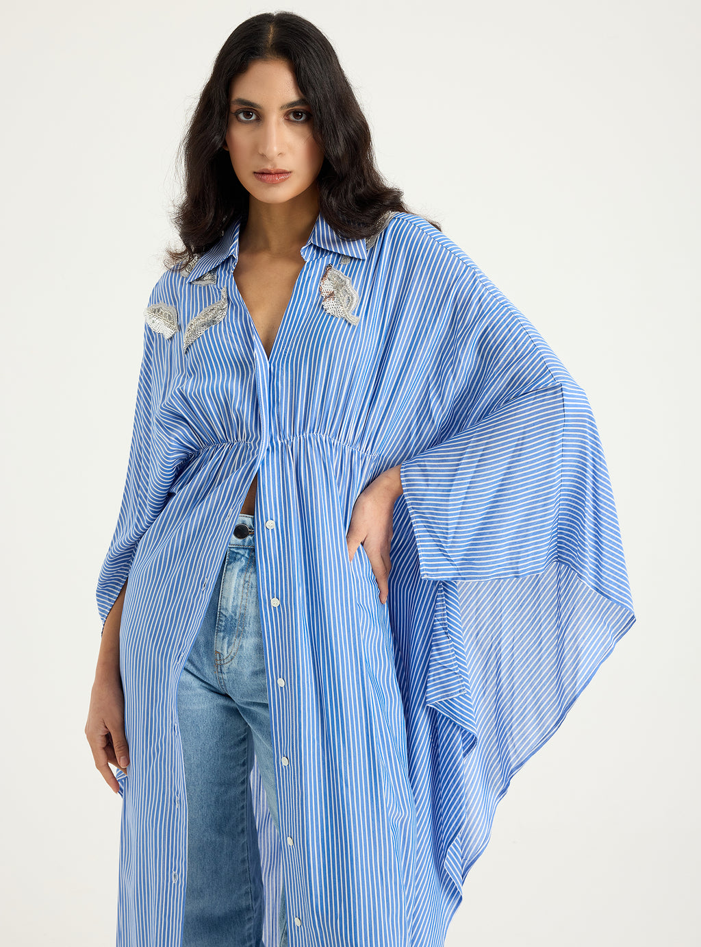 Striped Silver Embellishment Kaftan Dress - Store WF