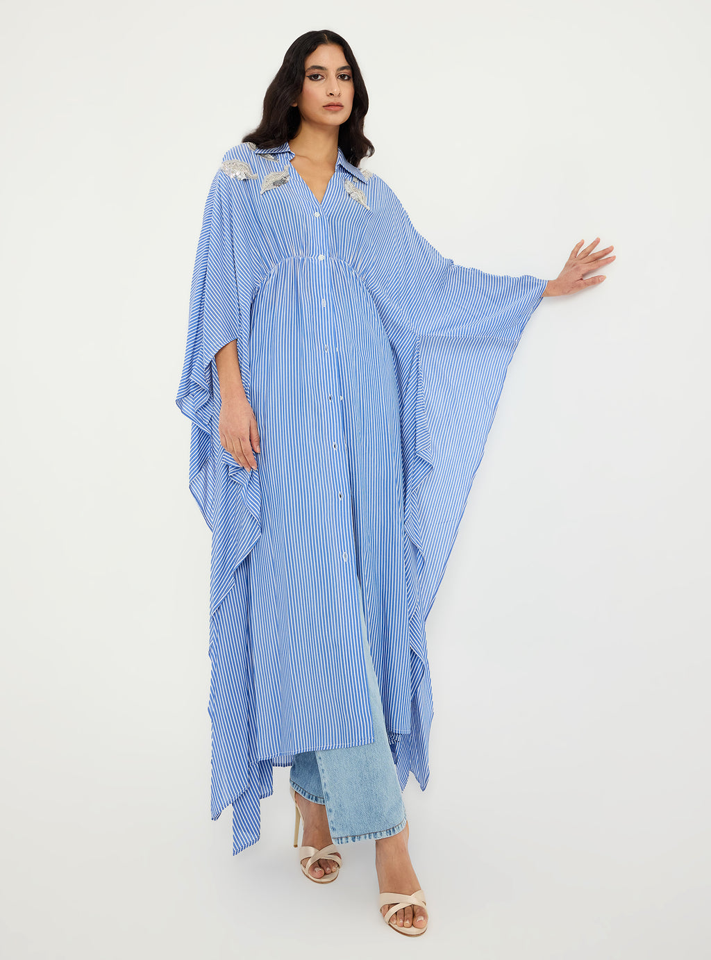 Striped Silver Embellishment Kaftan Dress - Store WF