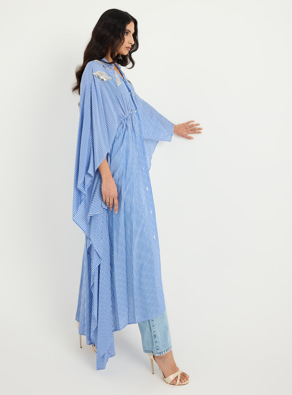 Striped Silver Embellishment Kaftan Dress - Store WF