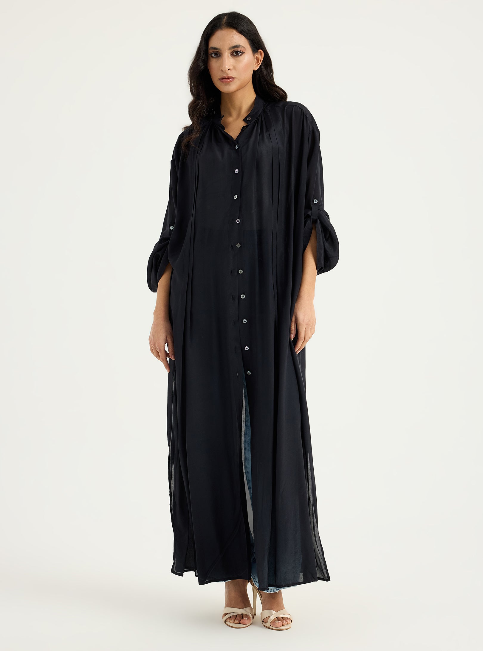 100% Silk Black Longline Shirt Tunic - Store WF