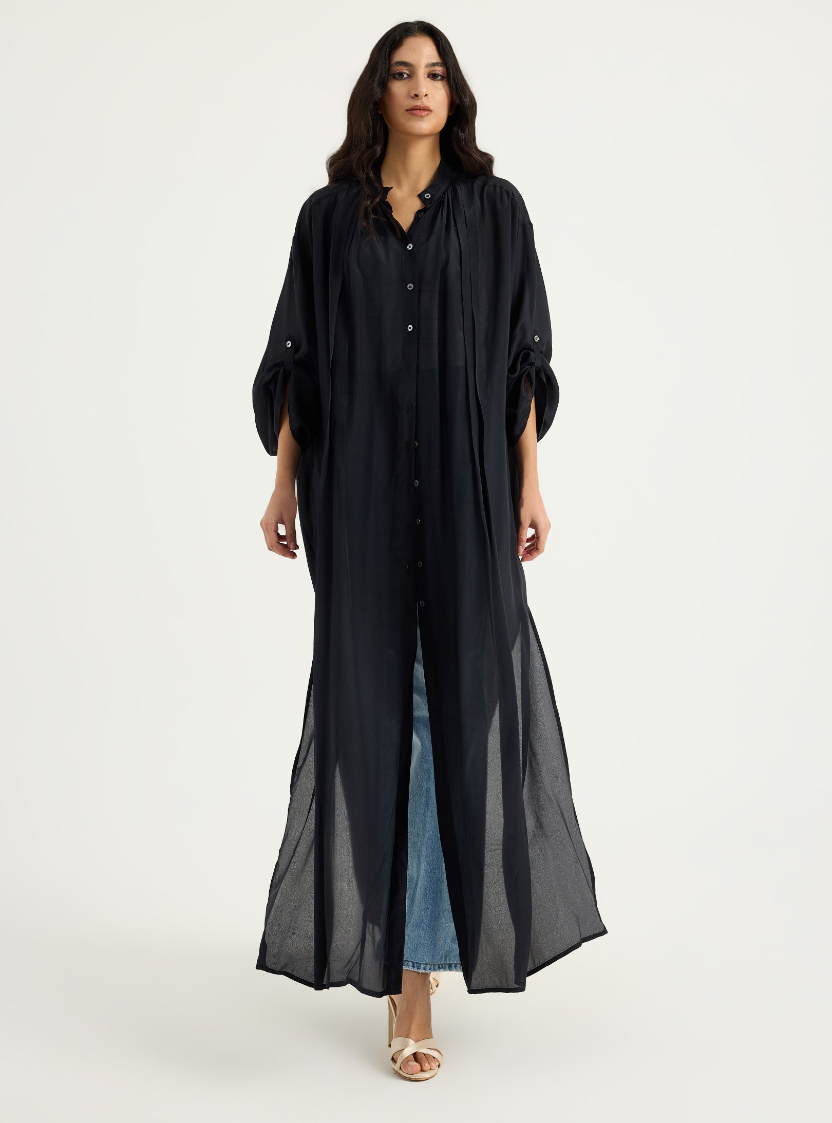 100% Silk Black Longline Shirt Tunic - Store WF