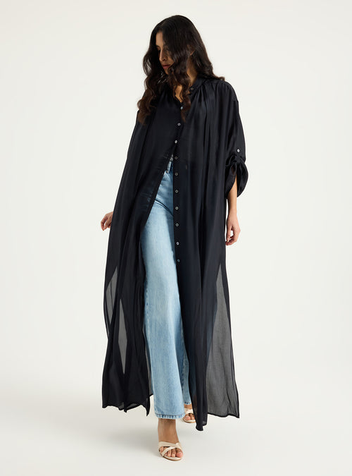 100% Silk Black Longline Shirt Tunic - Store WF