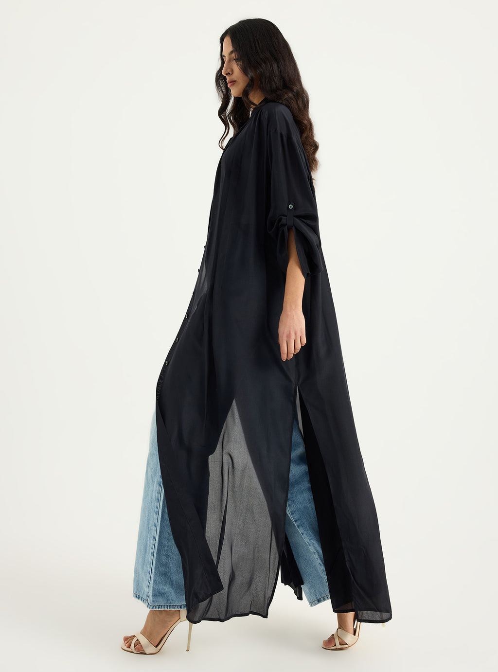 100% Silk Black Longline Shirt Tunic - Store WF
