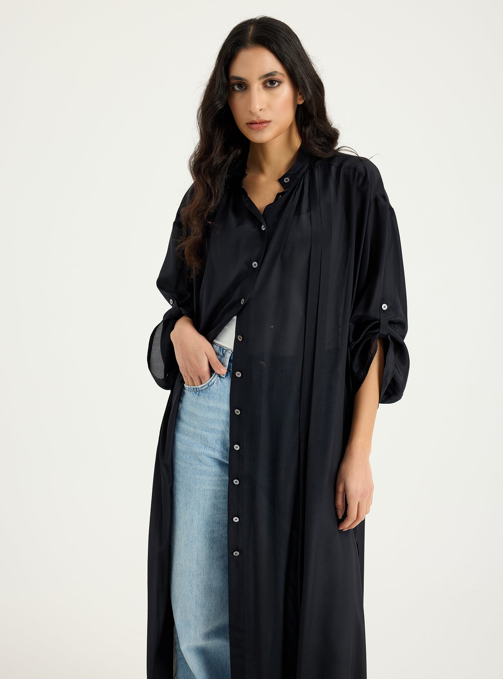 100% Silk Black Longline Shirt Tunic - Store WF