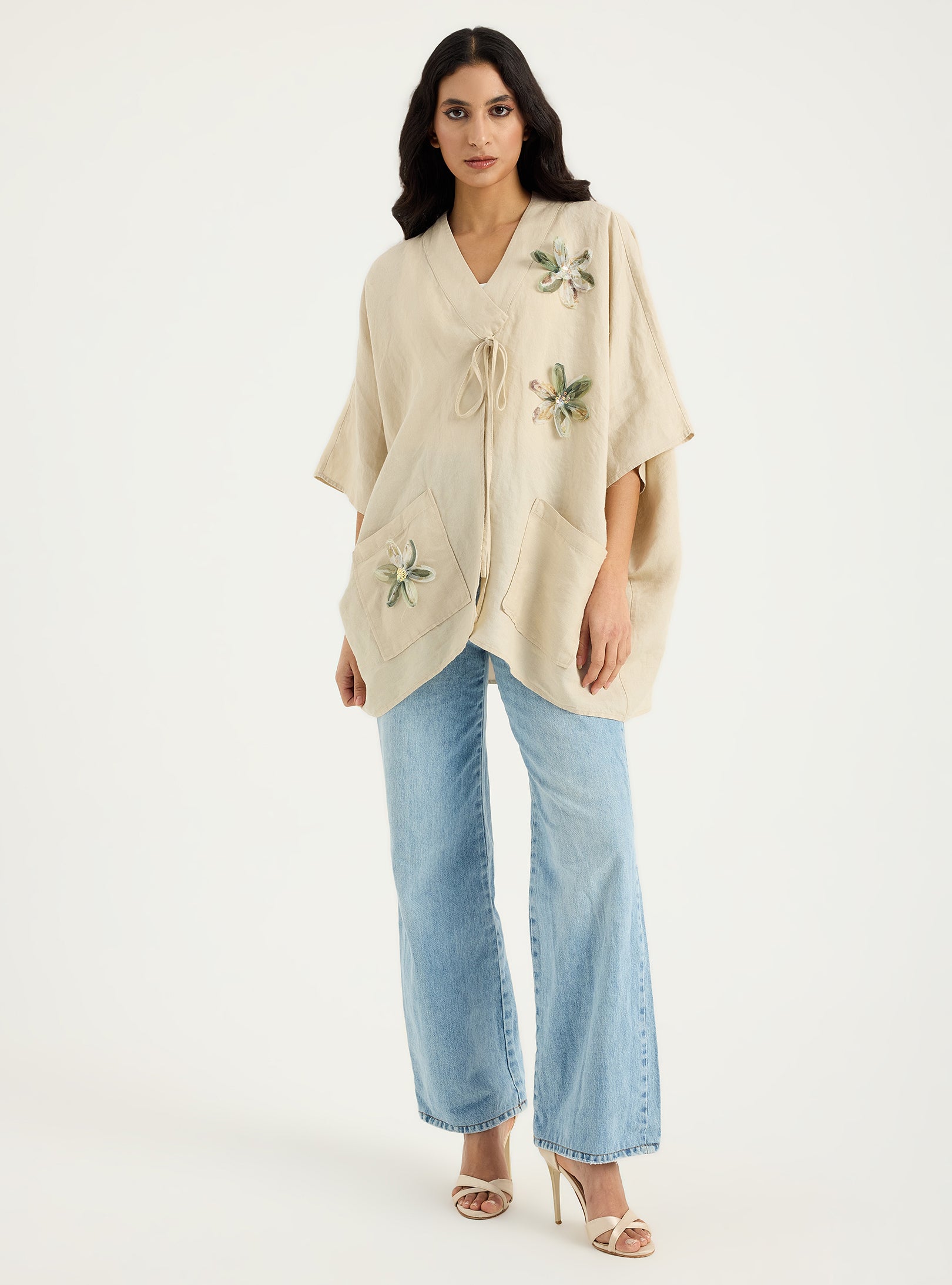 100% Washed Linen Beige Kimono - Store WF