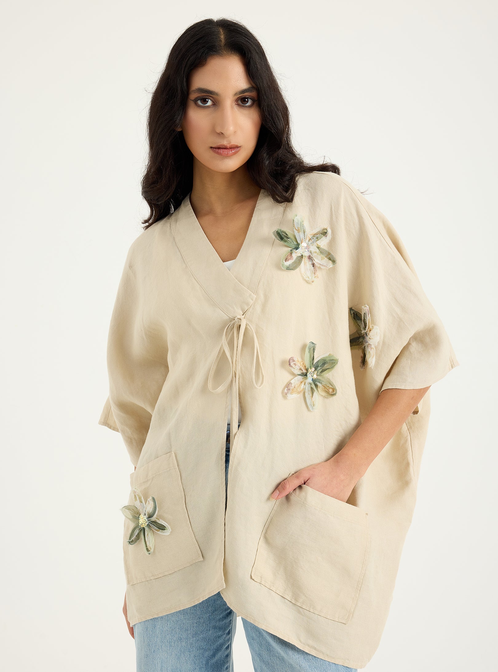 100% Washed Linen Beige Kimono - Store WF