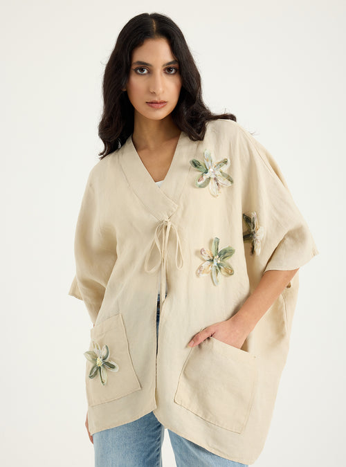 100% Washed Linen Beige Kimono - Store WF