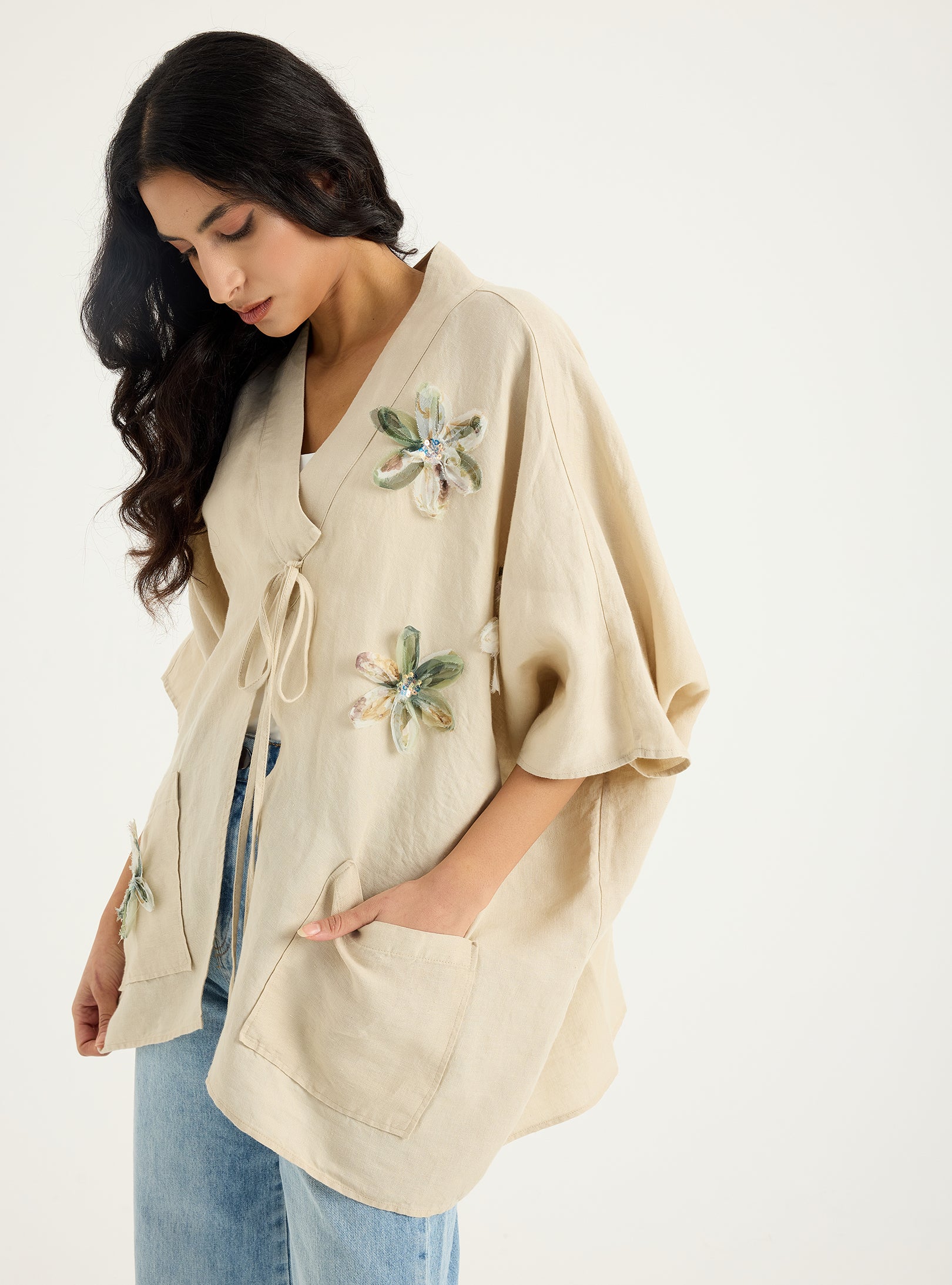 100% Washed Linen Beige Kimono - Store WF
