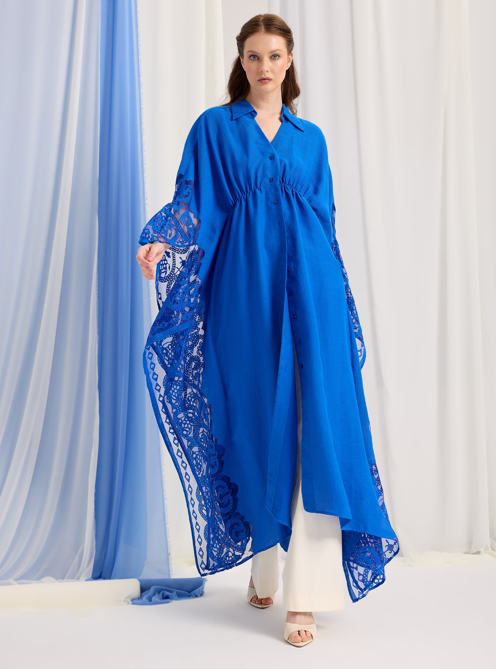 Navy Blue Lace Shirt Kaftan Dress - Store WF